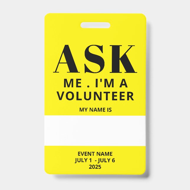Tarjeta De Identificación Insignia de voluntario amarillo (Parte frontal)