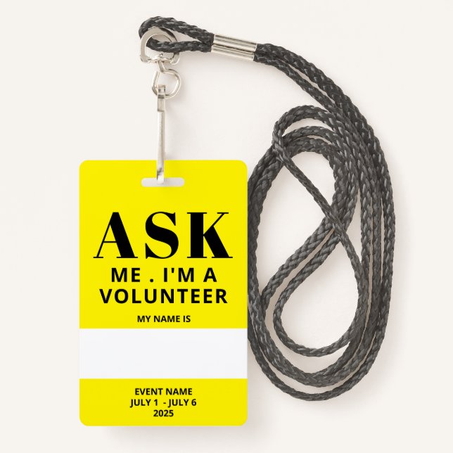 Tarjeta De Identificación Insignia de voluntario amarillo (Anverso son cordón)