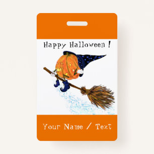 Tarjeta De Identificación Insignia Halloween Calabaza de Brujas Volando Añad