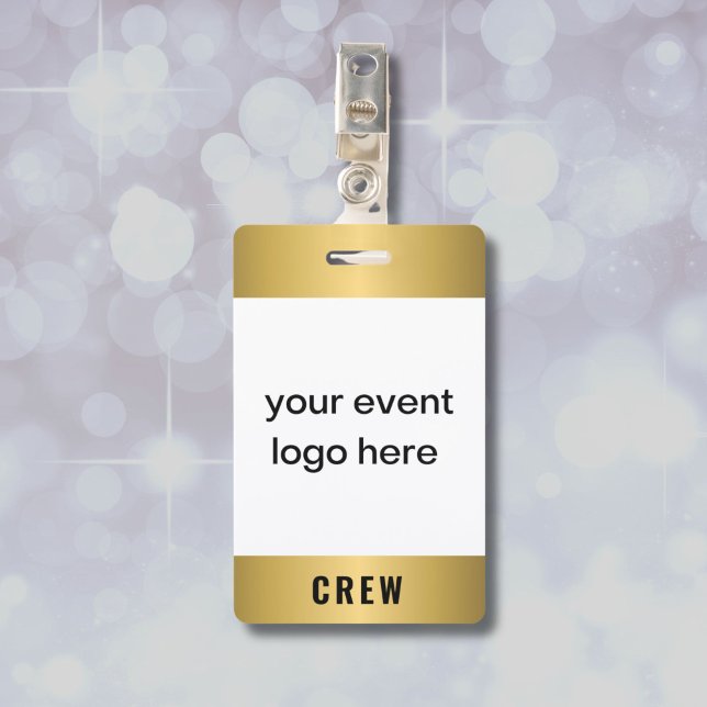 Tarjeta De Identificación Insignia para eventos de personal de la tripulació (Gold badge for crew of special event, with custom logo and name and date of event on back.)
