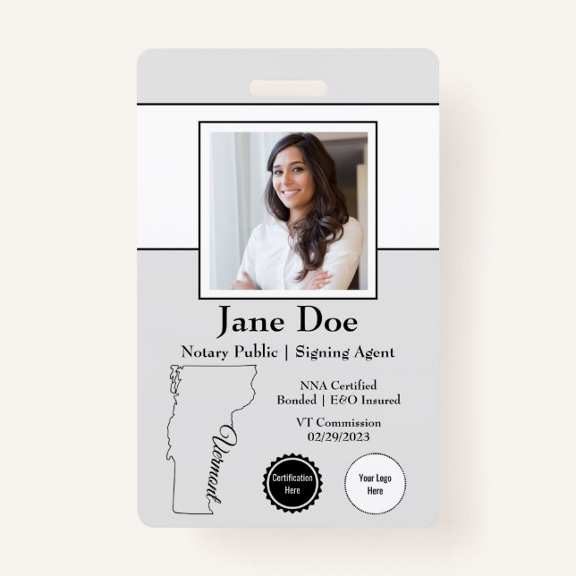 Tarjeta De Identificación Insignia pública del notario del estado de Vermont (Anverso)