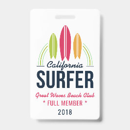 Tarjeta De Identificación insignias de texto personalizado de surfista