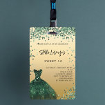 Tarjeta De Identificación Invitación al vestido de oro verde esmeralda Sweet<br><div class="desc">Para un elegante dulce 16,  16 cumpleaños. Un falso fondo dorado. Decorada con un vestido verde esmeralda y un confetti verde. Personalice y agregue un nombre y detalles del fiesta. Atrás: sin diseño ni color (menos costoso)</div>