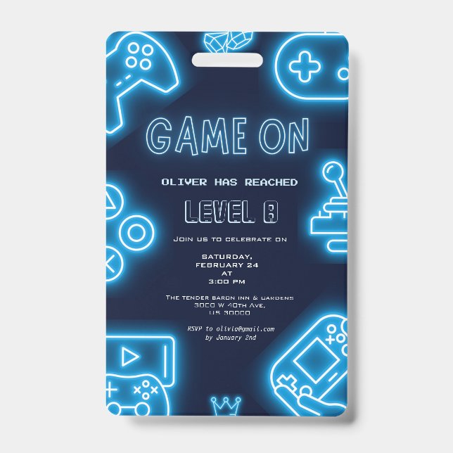 Tarjeta De Identificación Invitación de cumpleaños de videojuegos de Neon cu (Parte frontal)