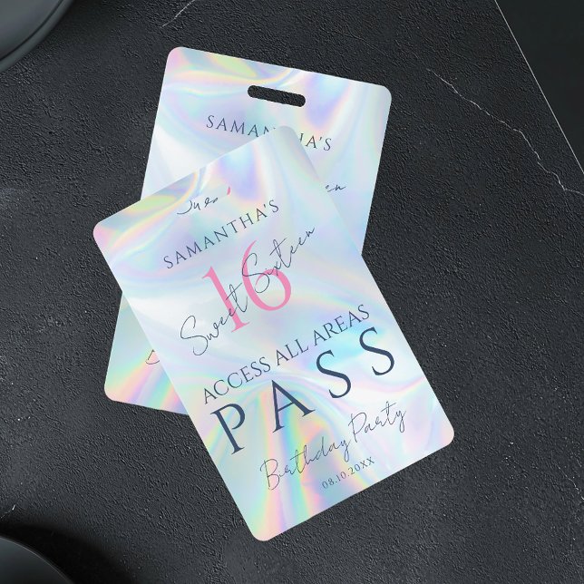 Tarjeta De Identificación Invitación de cumpleaños holográfica VIP número 16 (Sweet 16 VIP Pass Holographic ID Badge)