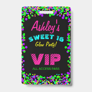 Tarjeta De Identificación Invitación de cumpleaños Sweet 16 Neon Glow VIP Pa