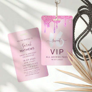 Tarjeta De Identificación Invitación de cumpleaños VIP Sweet 16 con brillo r