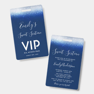 Tarjeta De Identificación Invitación de Pase VIP Glam Azul Marino Sweet 16