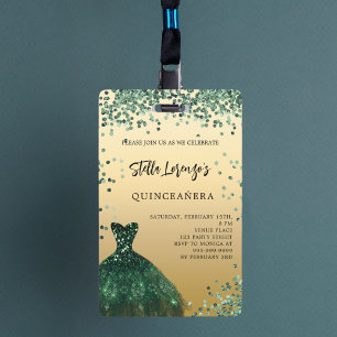 Tarjeta De Identificación Invitación de vestido de quinceañera esmeralda ver