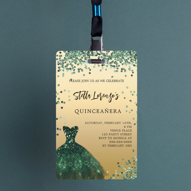 Tarjeta De Identificación Invitación para el vestido de oro verde esmeralda  (Subido por el creador)