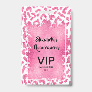 Tarjeta De Identificación Invitación Quinceañera Leopardo Rosa Blanco Pase V