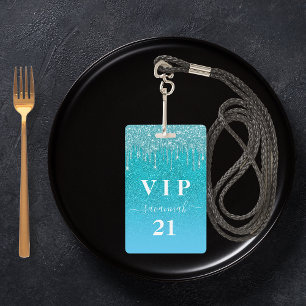 Tarjeta De Identificación Invitación vip azul con gotas de brillo teal para 