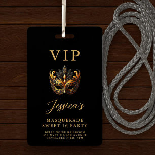 Tarjeta De Identificación Invitación VIP de Máscara de Dulces 16 de Oro Negr