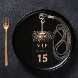 Tarjeta De Identificación Invitación VIP de quinceañera con brillo en negro 