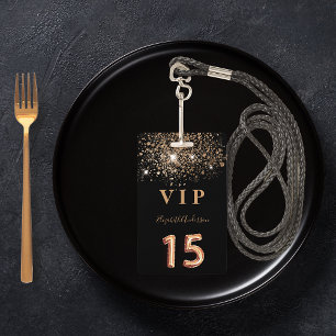 Tarjeta De Identificación Invitación VIP de quinceañera con brillo en negro 