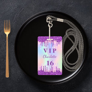 Tarjeta De Identificación Invitación VIP púrpura purpurina arcoíris de cumpl