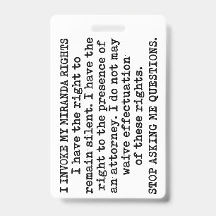 Tarjeta De Identificación Invoco mis Derechos Miranda / No Doy mi Consentimi