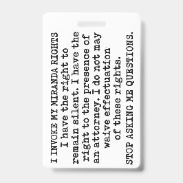 Tarjeta De Identificación Invoco mis Derechos Miranda/No Doy mi Consentimien