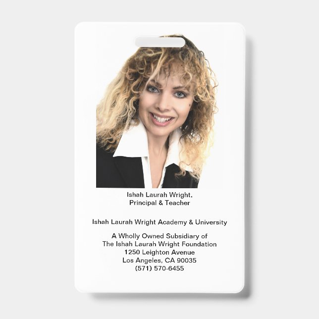 Tarjeta De Identificación Ishah Laurah Wright Academy Y University Badge (Parte frontal)