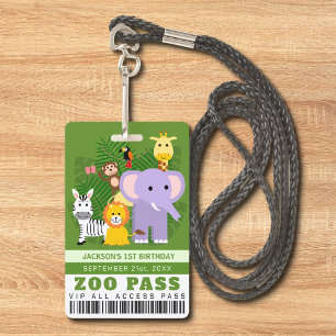 Tarjeta De Identificación Jungle Wild Animal Zoo VIP Pass Kids Cumpleaños