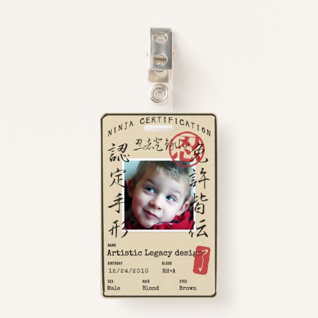 Tarjeta De Identificación Kids Ninja ID (Customize image & text!) (Anverso con clip)