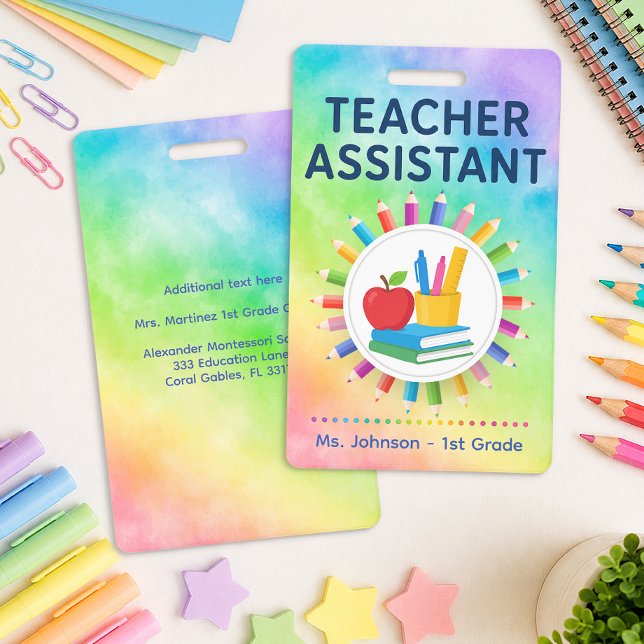 Tarjeta De Identificación Lápices de Arcoíris Asistente del Profesor Persona (Teacher Assistant Badge)