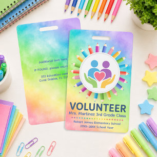 Tarjeta De Identificación Lápices de Arcoíris Personalizados Voluntario Esco