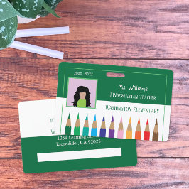 Tarjeta De Identificación Lápices de Arcoíris Profesora de Kinder Verde