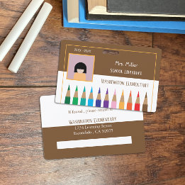Tarjeta De Identificación Lápices de Colores Garabatos Bibliotecaria Escolar
