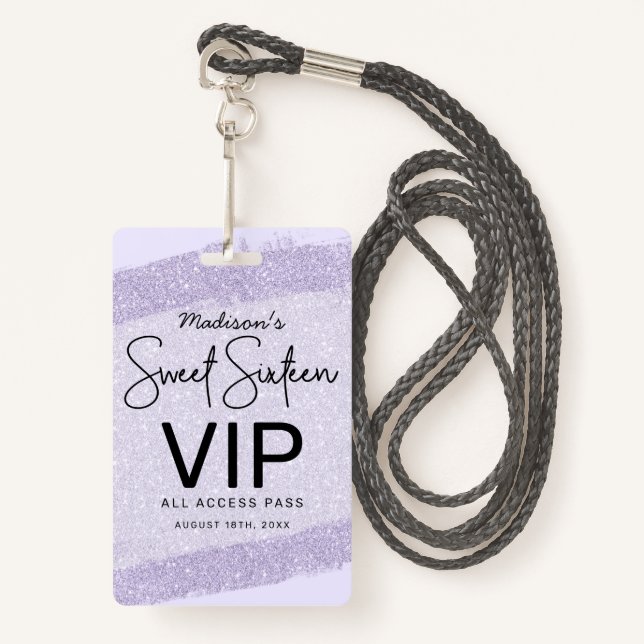 Tarjeta De Identificación Lavanda Pincel Purpurina Dulce 16 Invitación VIP (Anverso son cordón)
