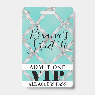 Tarjeta De Identificación Lazos Blancos Turquesa Dulces 16 Fiesta VIP Pase I