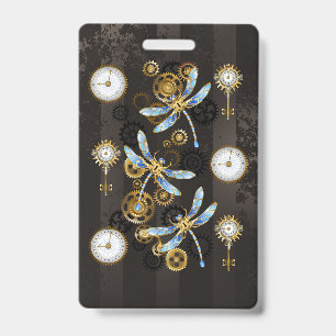 Tarjeta De Identificación Libélulas Steampunk sobre fondo rayado marrón
