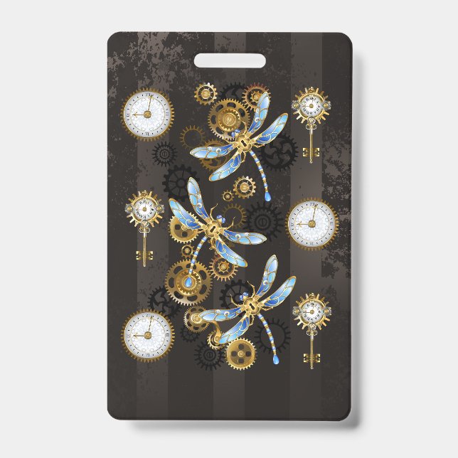Tarjeta De Identificación Libélulas Steampunk sobre fondo rayado marrón (Parte frontal)