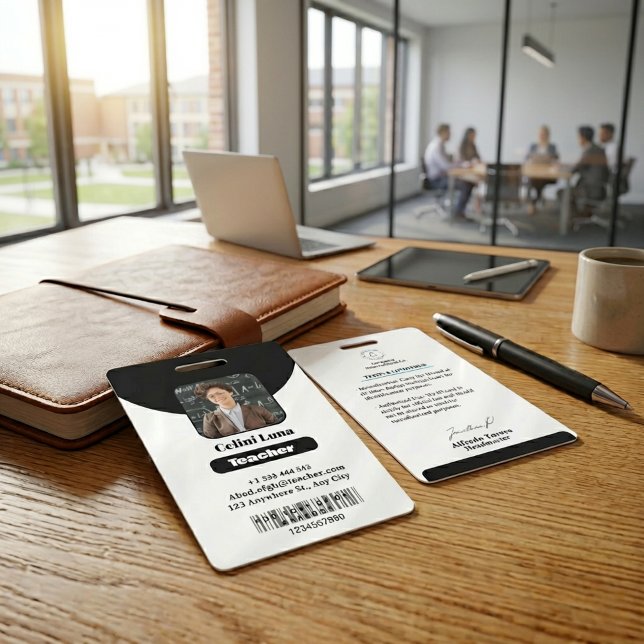 Tarjeta De Identificación Líneas limpias y clase: ID de profesor negro minim (Minimalist Black Teacher Photo ID Badge with Simple White Typography)