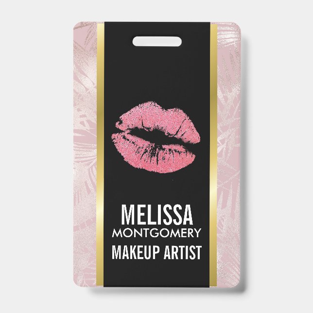 Tarjeta De Identificación Litros Purpurinas rosados y hojas tropicales de or (Front)