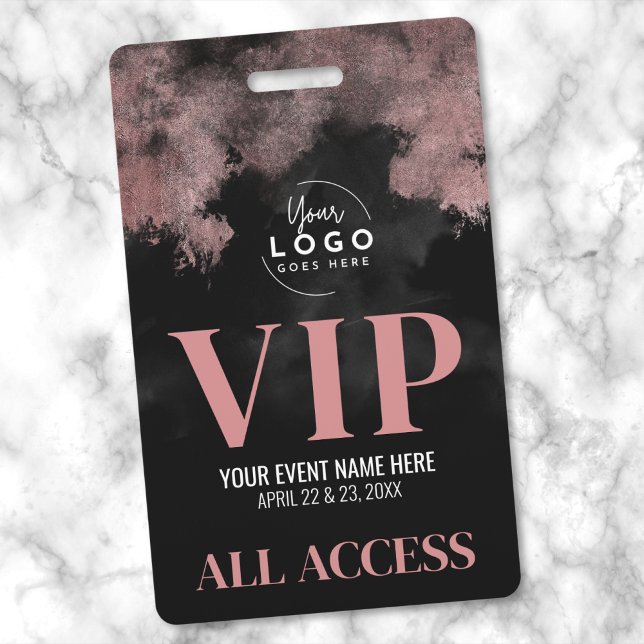 Tarjeta De Identificación Logo de All Access Rosa Dorado Evento VIP Negro (All Access Logo Pink Rose Gold Black VIP Badge)