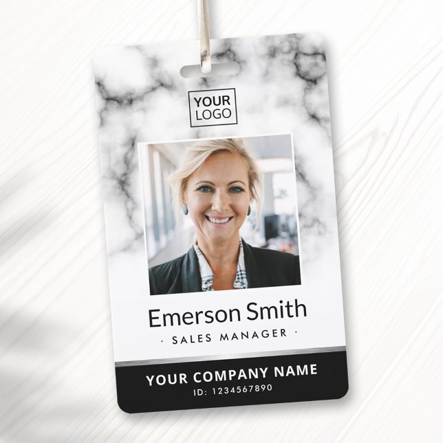 Tarjeta De Identificación Logo de la foto: empleado moderno negro de mármol  (Photo logo white marble black modern employee badge)
