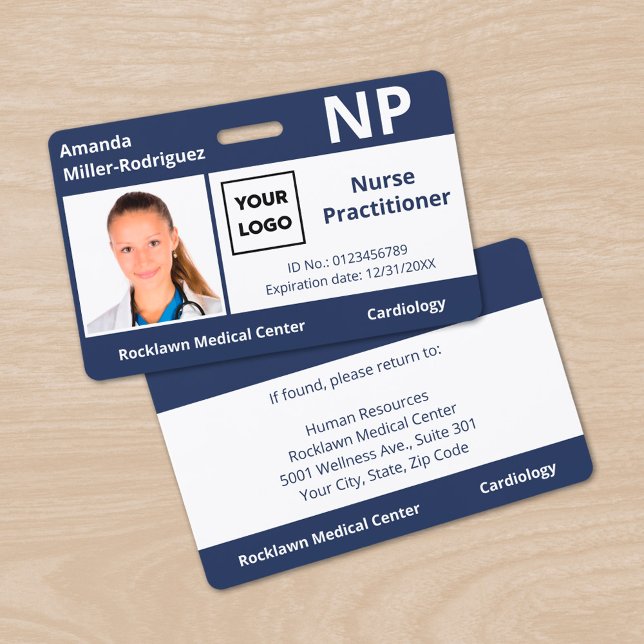 Tarjeta De Identificación Logo de personalizado de empleados de hospital Nav (Custom Hospital Employee Logo Navy Blue Photo ID Badge, front/back)