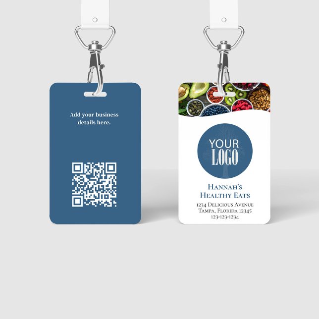 Tarjeta De Identificación Logotipo comercial simple Foto Código QR Azul (Simple photo badges with a full bleed photo template. )