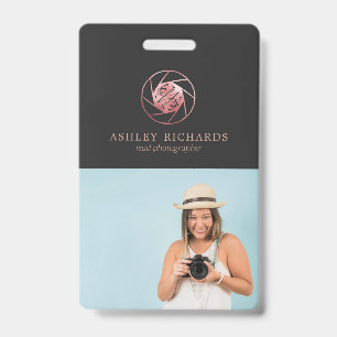 Tarjeta De Identificación Logotipo del fotógrafo Rosa de oro Etiqueta de n