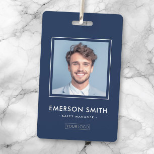 Tarjeta De Identificación Logotipo personalizado y foto azul oscuro nombre d