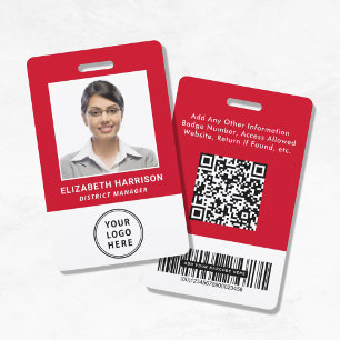 Tarjeta De Identificación Logotipo QR Códigos de Barras Rojo ID de Empleado 