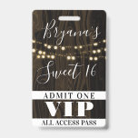 Tarjeta De Identificación Luces de Cuerda de Madera Rústica Pase VIP Cumplea<br><div class="desc">Personaliza para cualquier evento.</div>