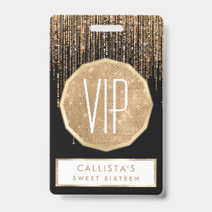 Tarjeta De Identificación Lujo Chic Negro Dorado Brillante Glitter Fleco