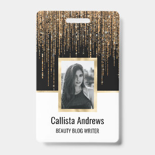 Tarjeta De Identificación Lujo Chic Negro Dorado Brillante Glitter Fleco