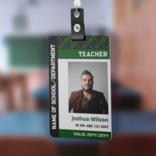 Tarjeta De Identificación Maestra de la Escuela Dark Green Plaid Photo ID