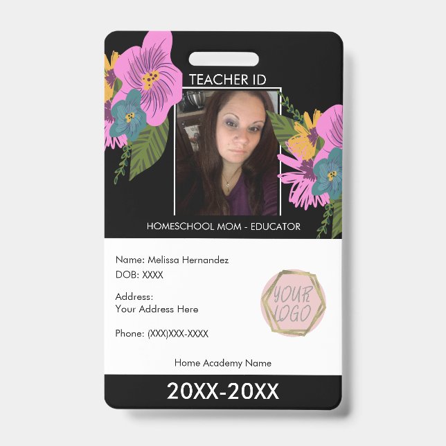 Tarjeta De Identificación Maestra Educando en Casa Escolar ID Floral (Parte frontal)