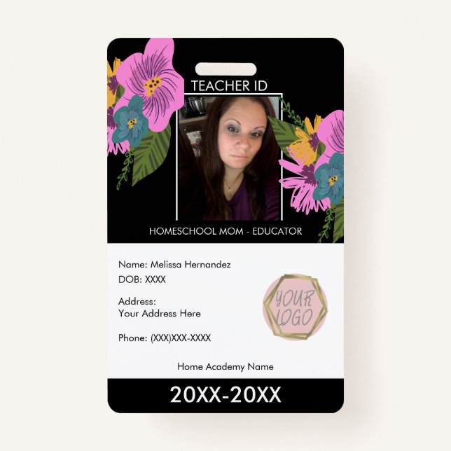 Tarjeta De Identificación Maestra Homeschooling School Mamá ID Floral (Anverso)
