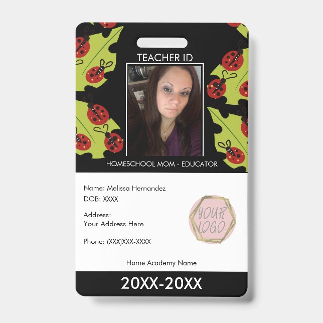 Tarjeta De Identificación Maestra Homeschooling School Mamá ID Lady Bugs (Anverso)