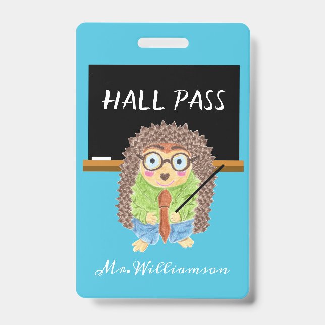 Tarjeta De Identificación Male Hedgehog Teacher Blue Hall Pass Badge (Parte frontal)